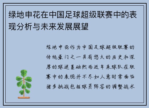 绿地申花在中国足球超级联赛中的表现分析与未来发展展望