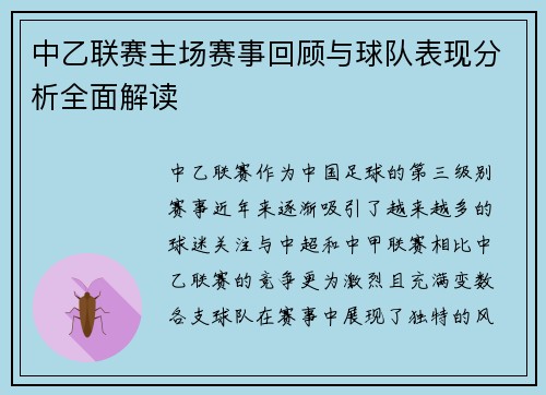 中乙联赛主场赛事回顾与球队表现分析全面解读
