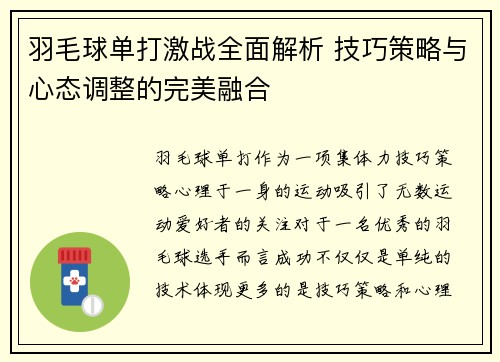 羽毛球单打激战全面解析 技巧策略与心态调整的完美融合